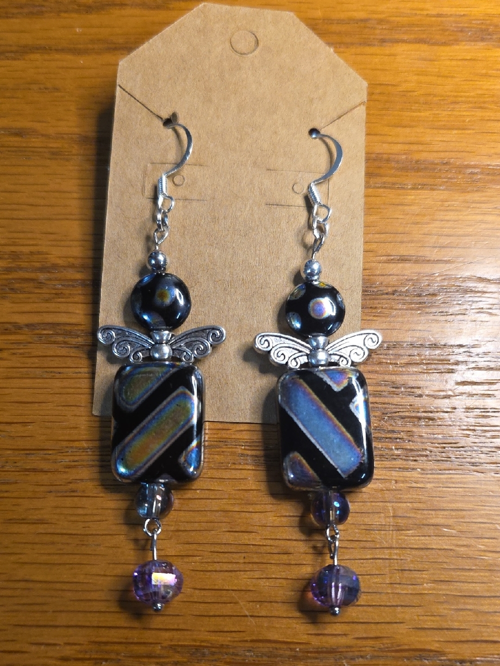 Dichroic Glass Black & Purple Dangle Earrings with Silver Accents